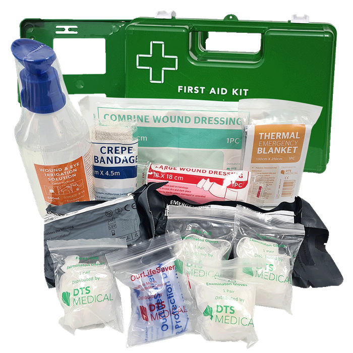 First Aid Kit In X Large Green Plastic Wall Mount Box - Good basic contents with trauma products