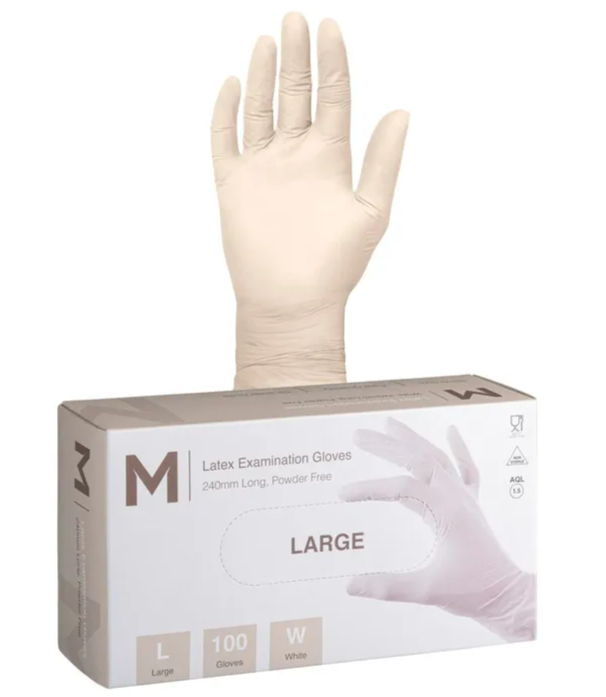 LARGE Latex Examination Gloves Powder Free White, 240mm Cuff