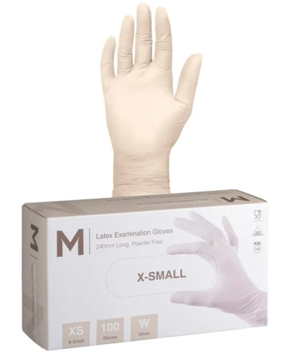 X-SMALL - Latex Examination Gloves Powder Free - White, 240mm Cuff, 6.0g